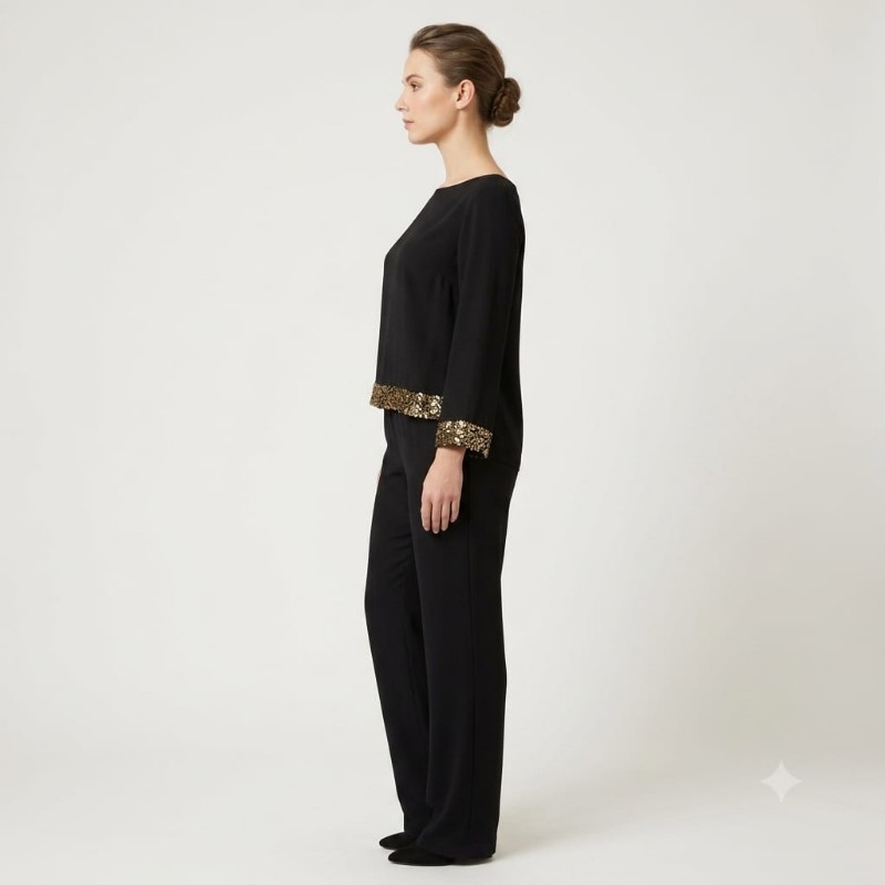 womens black sequin-trim top and trouser co-ord set.