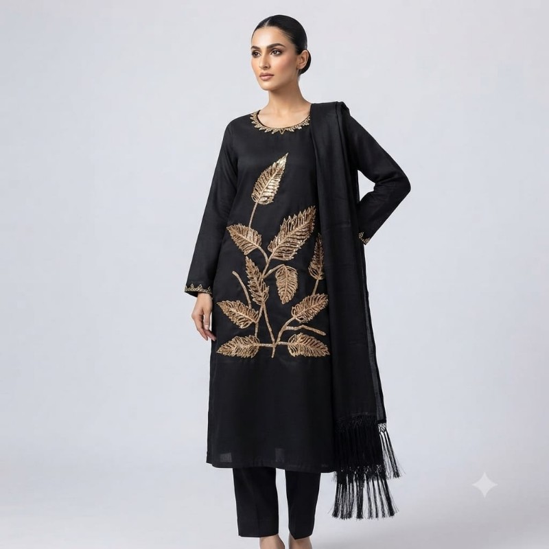 womens black gold-embroidered kurta, trouser, and fringed dupatta set.