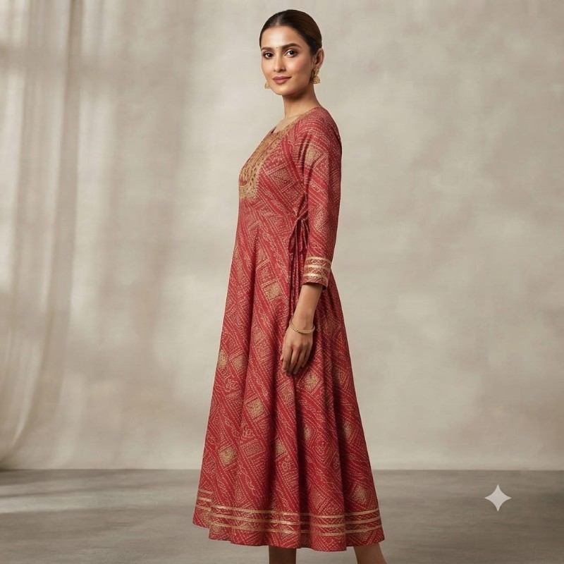 womens red bandhani printed ethnic gown / flared anarkali kurta.