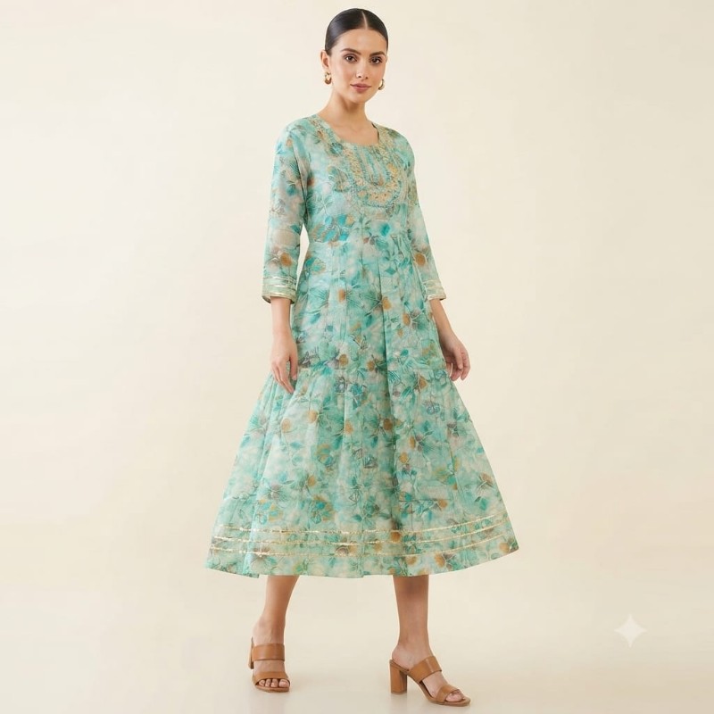 Womens Mint Green Floral Printed Tiered Midi Dress