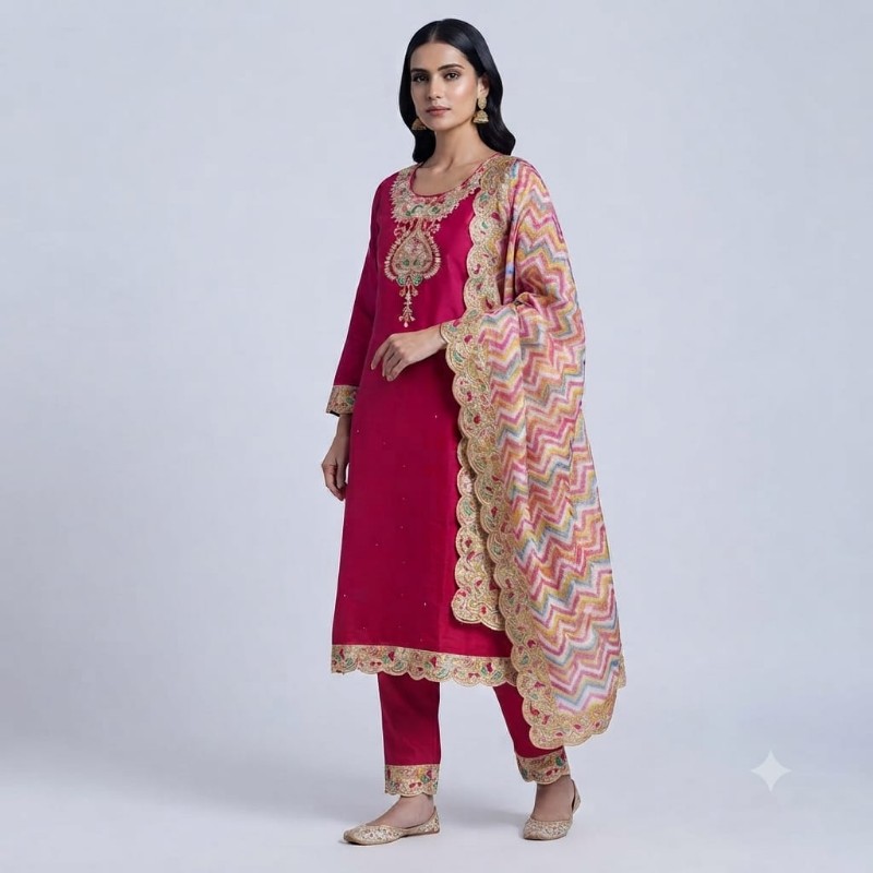Womens Magenta Embroidered Kurta with Trousers and Dupatta Set