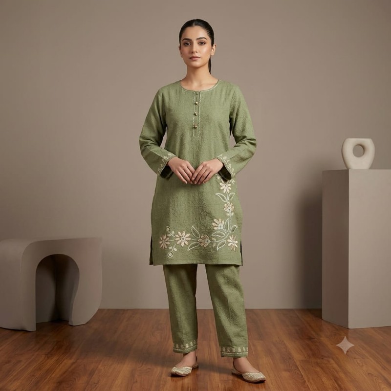 womens sage green embroidered short kurta and trouser set.