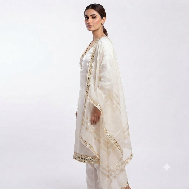womens ivory white mirror-work embroidered kurta, trouser, and dupatta set.