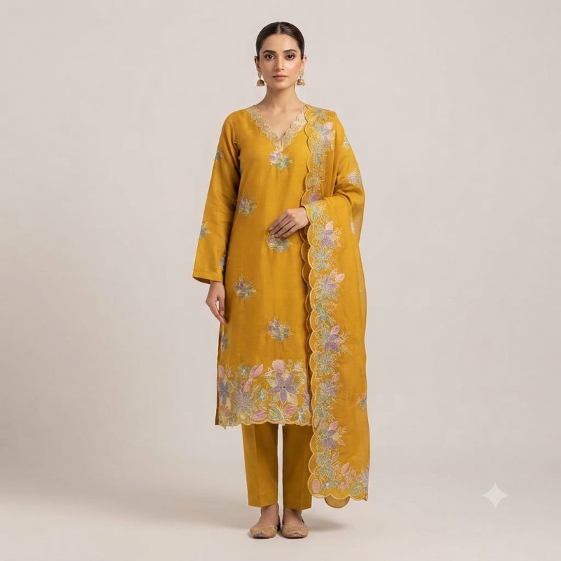 womens yellow embroidered kurta, trouser, and scalloped dupatta set.