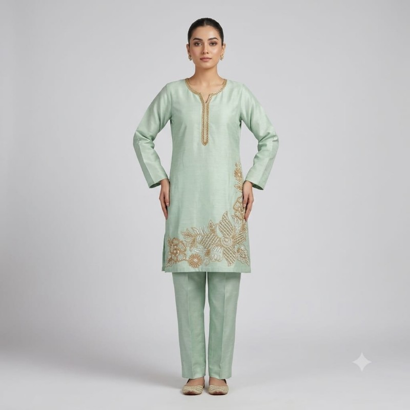 womens mint green embroidered kurta and trouser set.