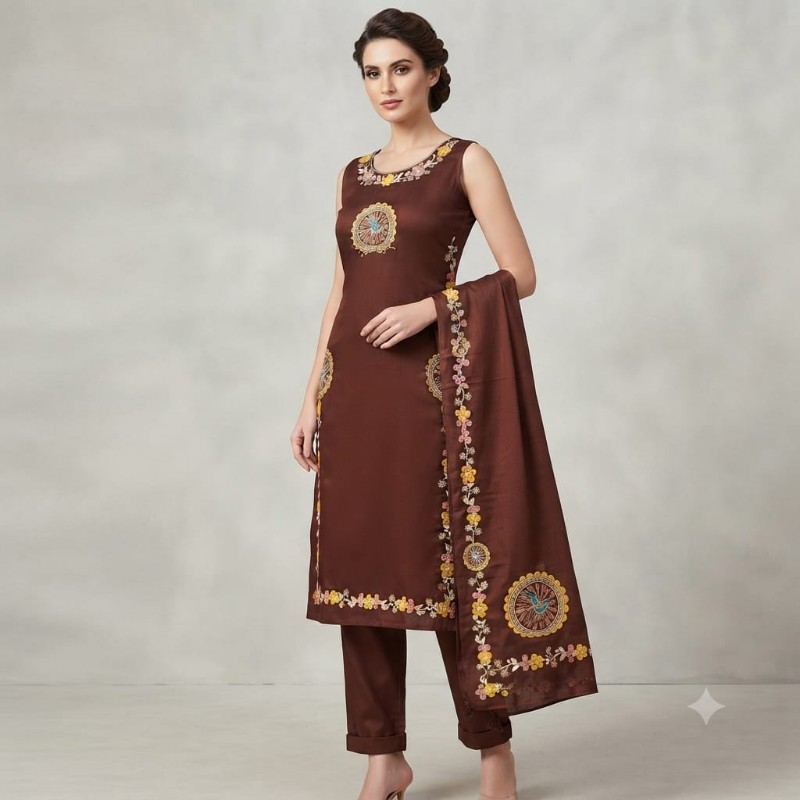 womens brown embroidered sleeveless kurta, trouser, and dupatta set.