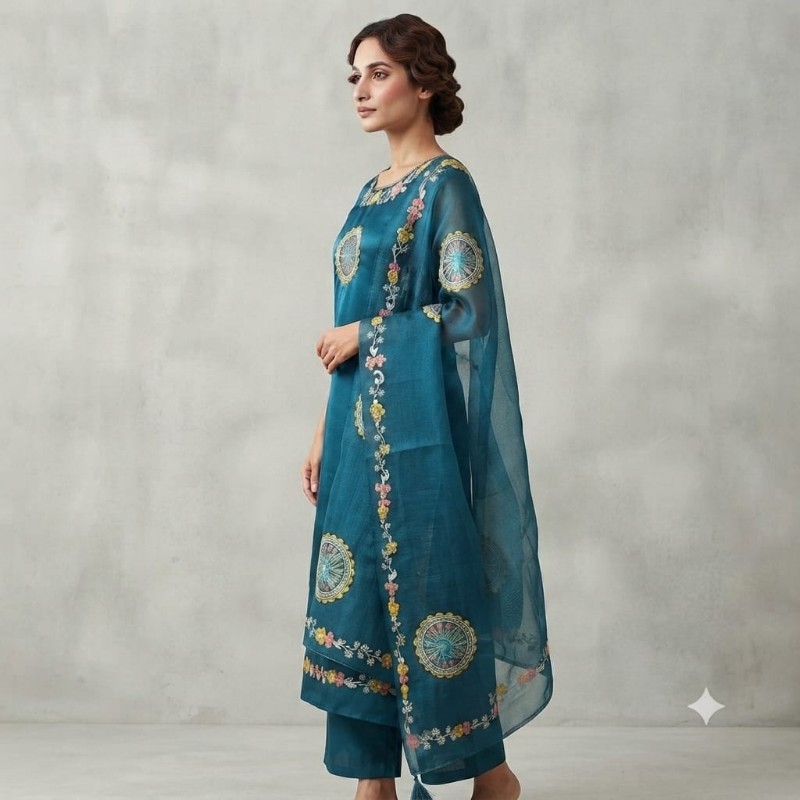 womens teal blue embroidered sleeveless kurta, trouser, and dupatta set.