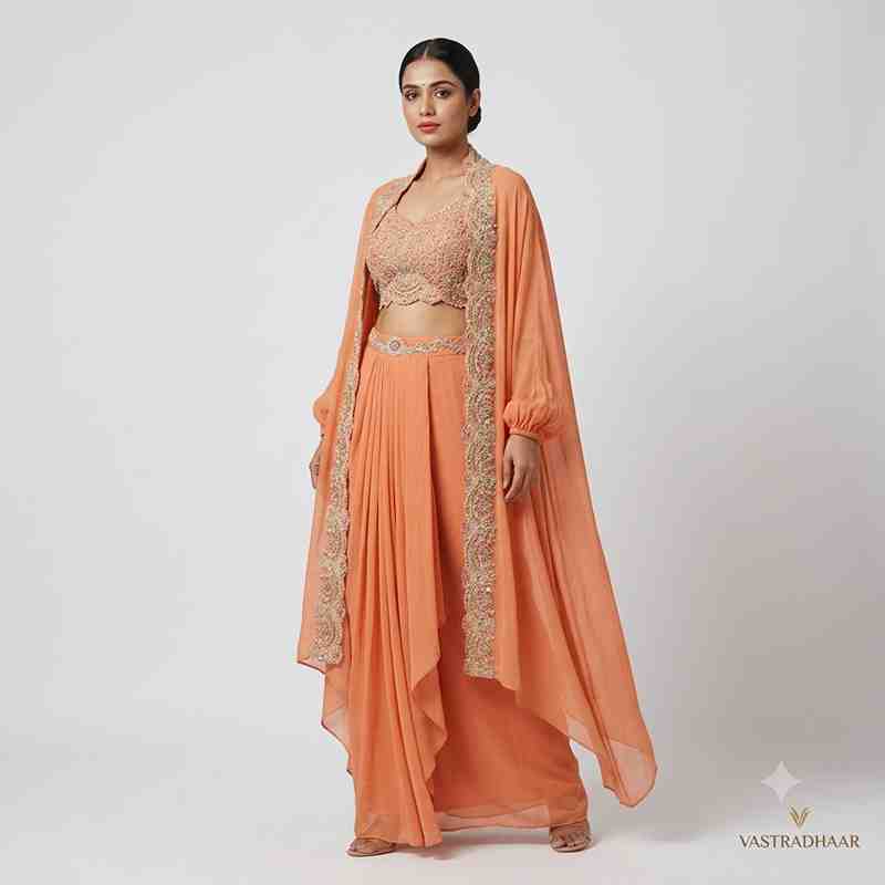 Elegant Peach Embroidered Crop Top with Dhoti Pants and Matching Cape Set