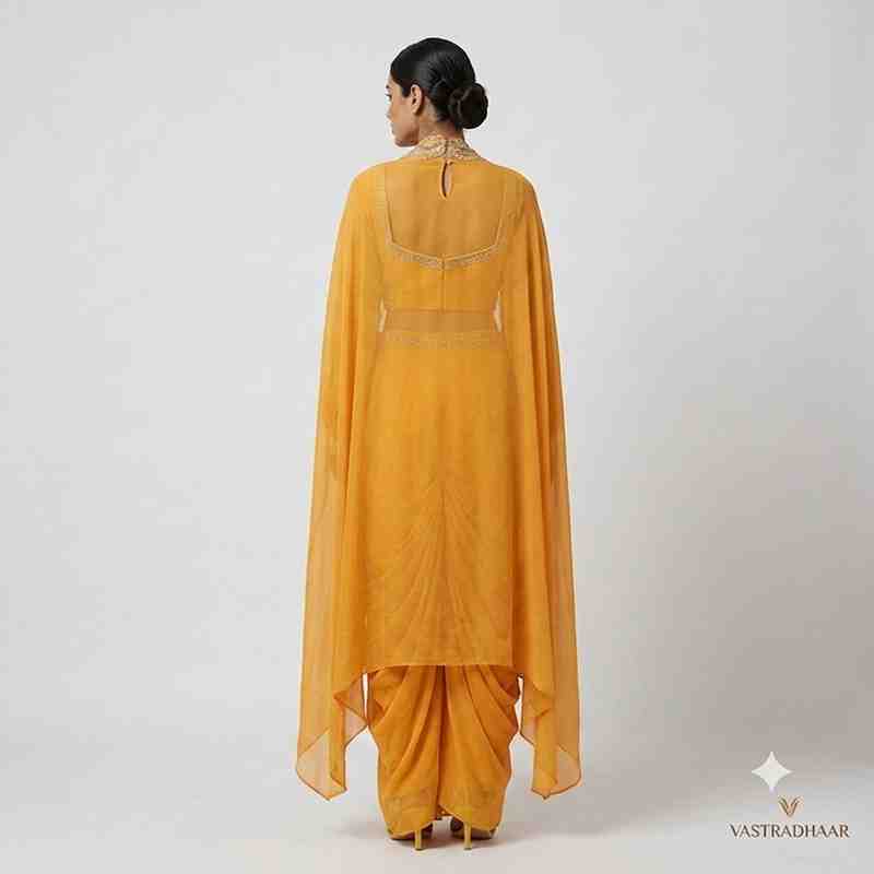 Mustard Yellow Embroidered Crop Top with Draped Palazzo and Matching Shrug Set