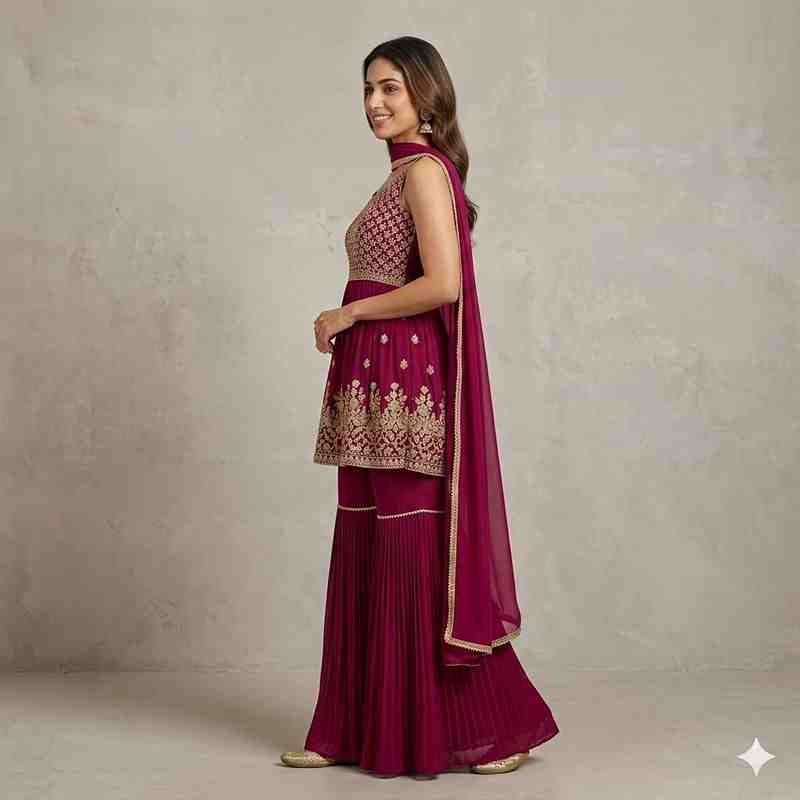Elegant Maroon Embroidered Peplum Kurti with Sharara and Dupatta Set