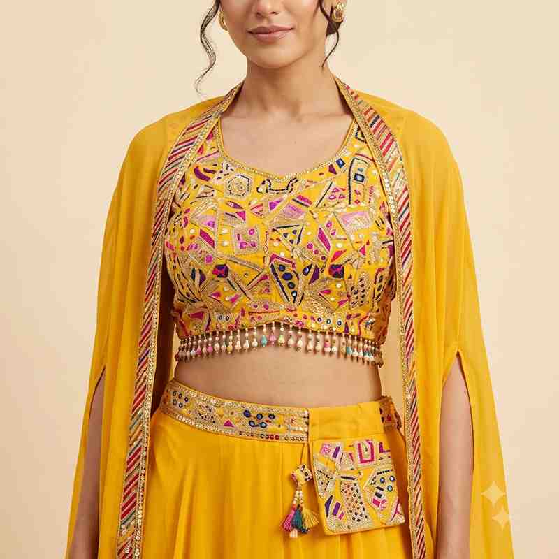 Vibrant Yellow Embroidered Lehenga Set with Matching Shrug & Belt Bag