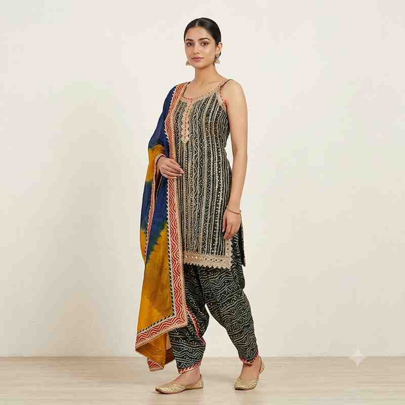Elegant Black Bandhani Print Kurta with Patiala Salwar & Contrast Dupatta Set