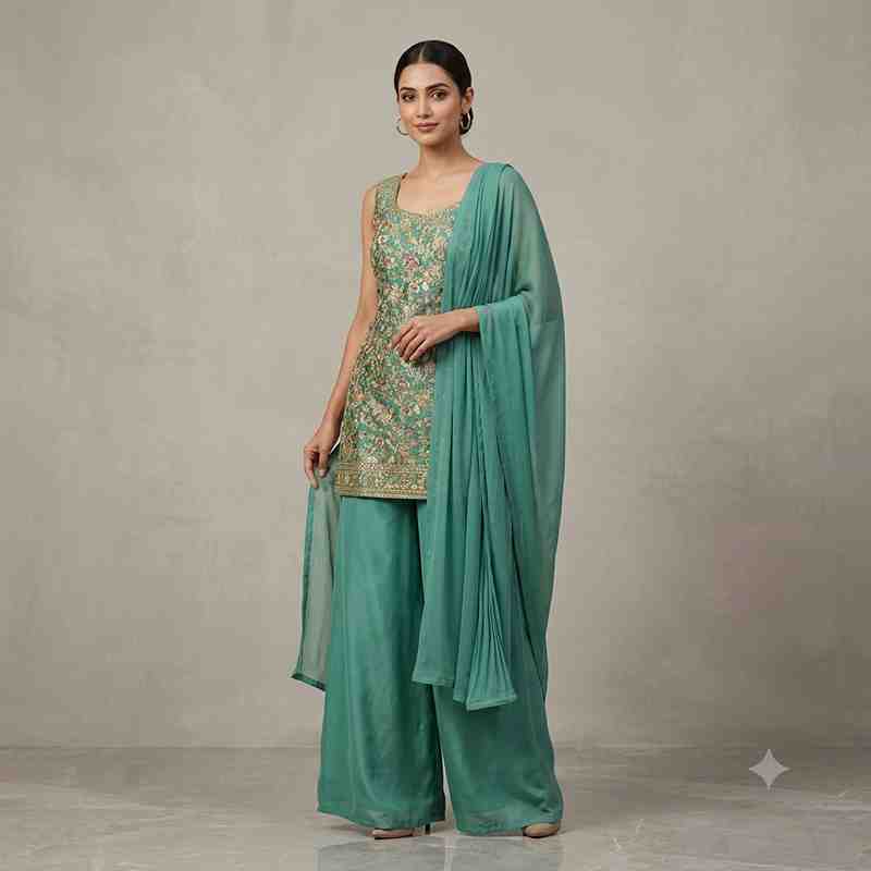 Sea Green Floral Embroidered Kurti with Matching Palazzo and Dupatta Set