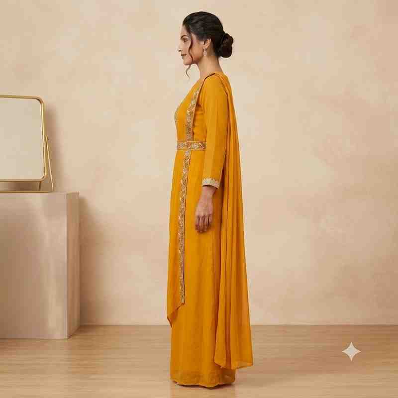 Elegant Mustard Yellow Embroidered Draped Saree Gown for Women