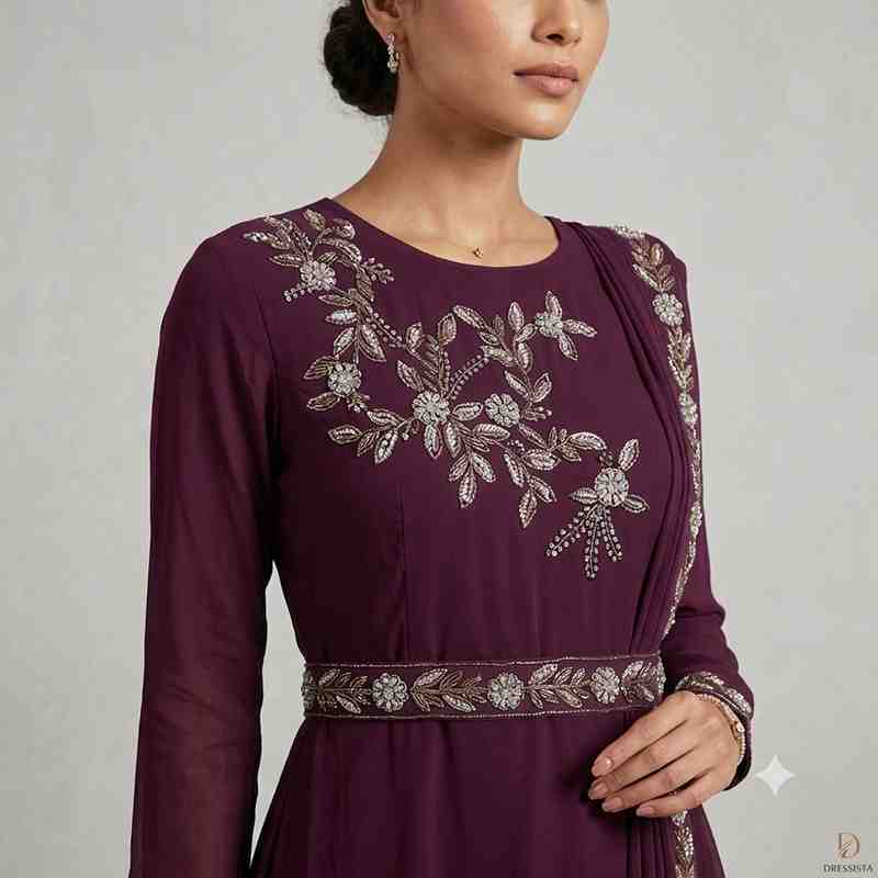 Deep Purple Embroidered A-Line Ethnic Gown with Waist Belt