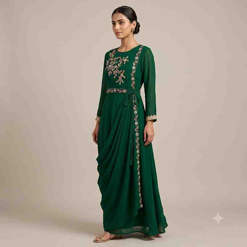 Elegant Emerald Green Embroidered Draped Maxi Dress for Women