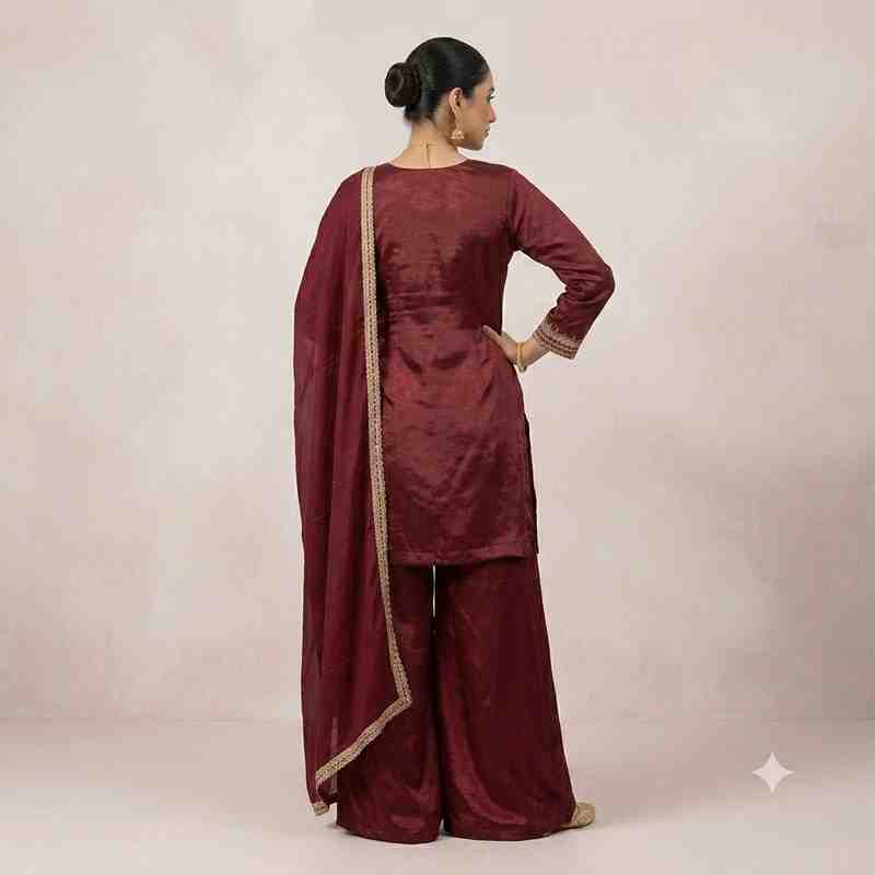 Premium Maroon Silk Embroidered Kurta and Palazzo Set with Dupatta