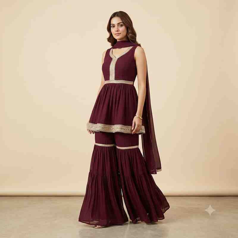 Vanya Maroon Georgette Sleeveless Peplum Gharara Set with Zari Embellishment
