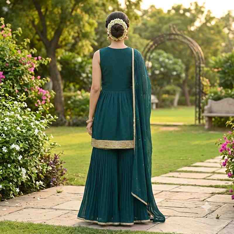 Elegant Teal Green Sleeveless Peplum Sharara Set with Gold Embellishment