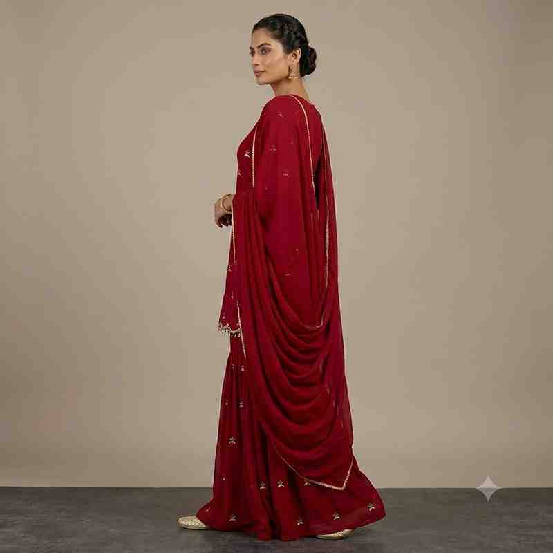 Elegant Maroon Embroidered Kurti with Gharara Set and Dupatta