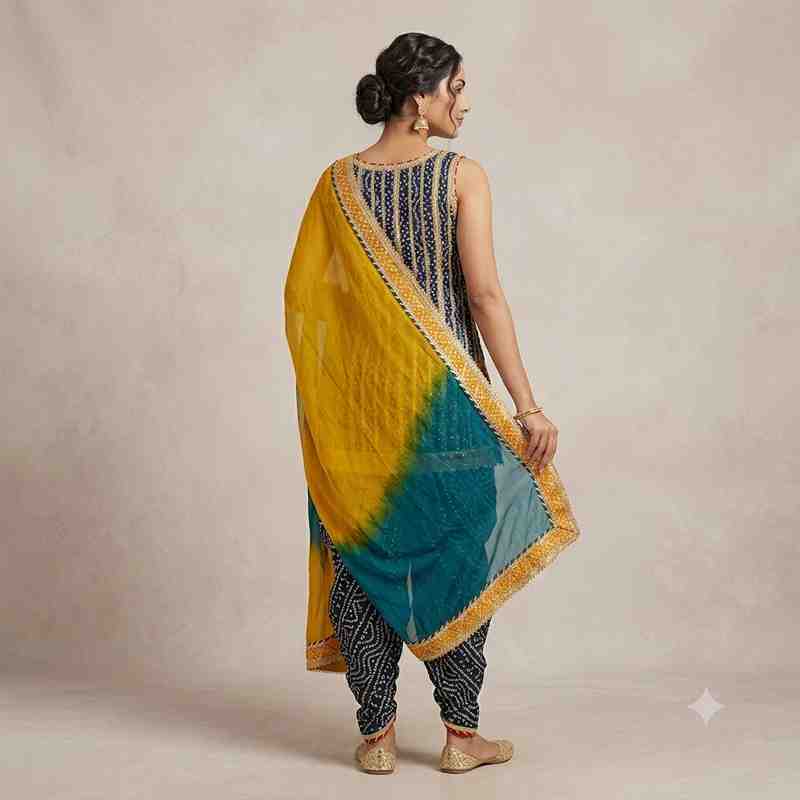 Elegant Navy Blue Bandhani Print Kurta Set with Contrasting Yellow and Teal Dupatta