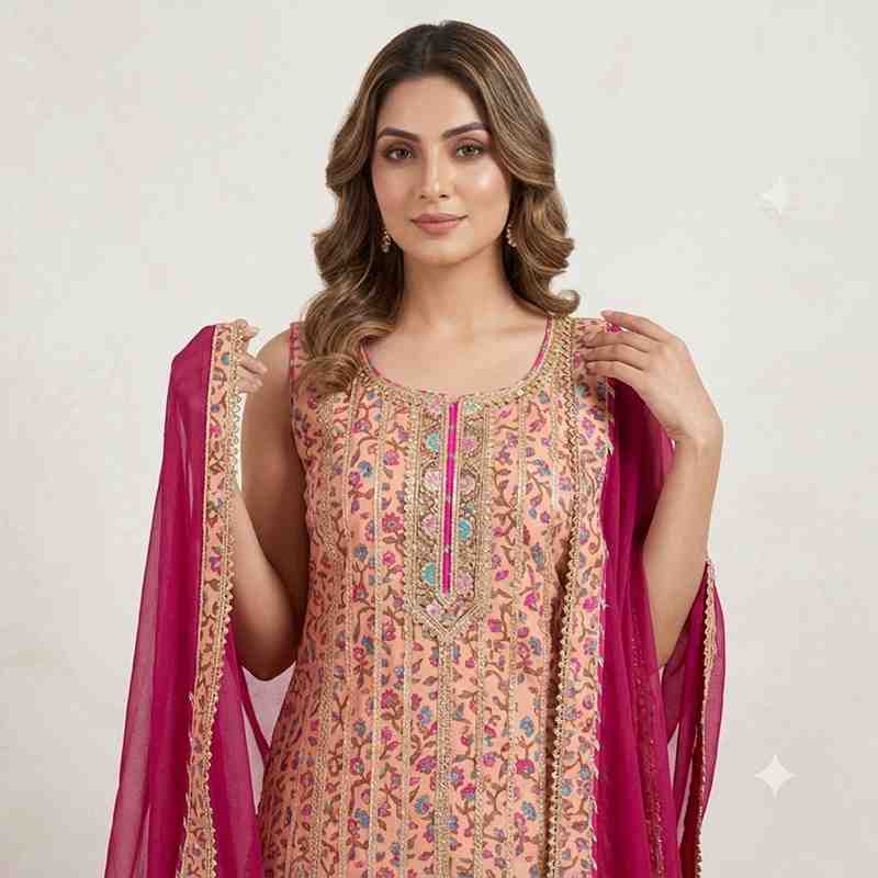 Peach Floral Print Kurta with Tiered Sharara and Contrasting Pink Dupatta
