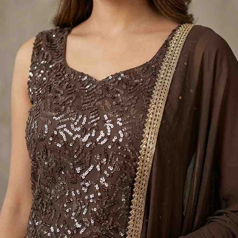 Elegant Chocolate Brown Sequined Kurta with Matching Sharara and Dupatta Set
