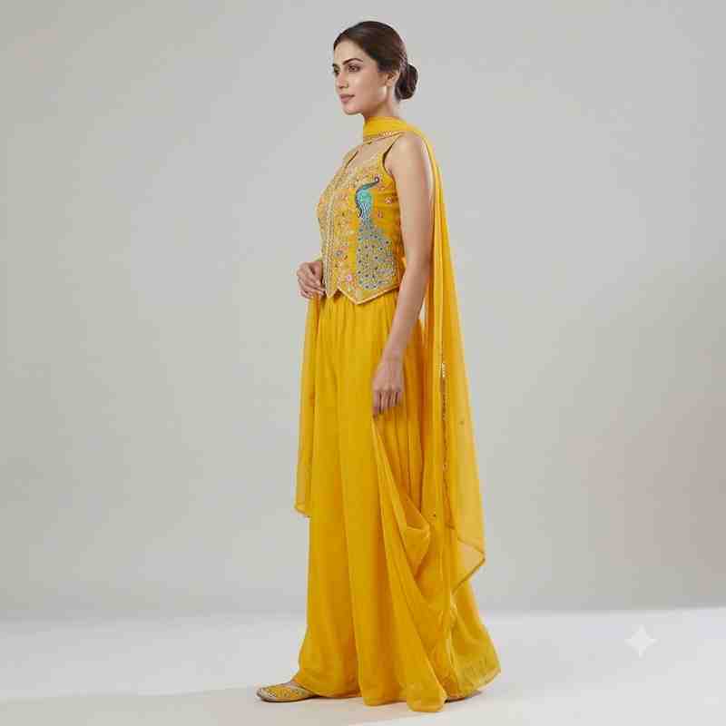 Elegant Mustard Yellow Embroidered Peplum Top with Matching Palazzo and Dupatta Set